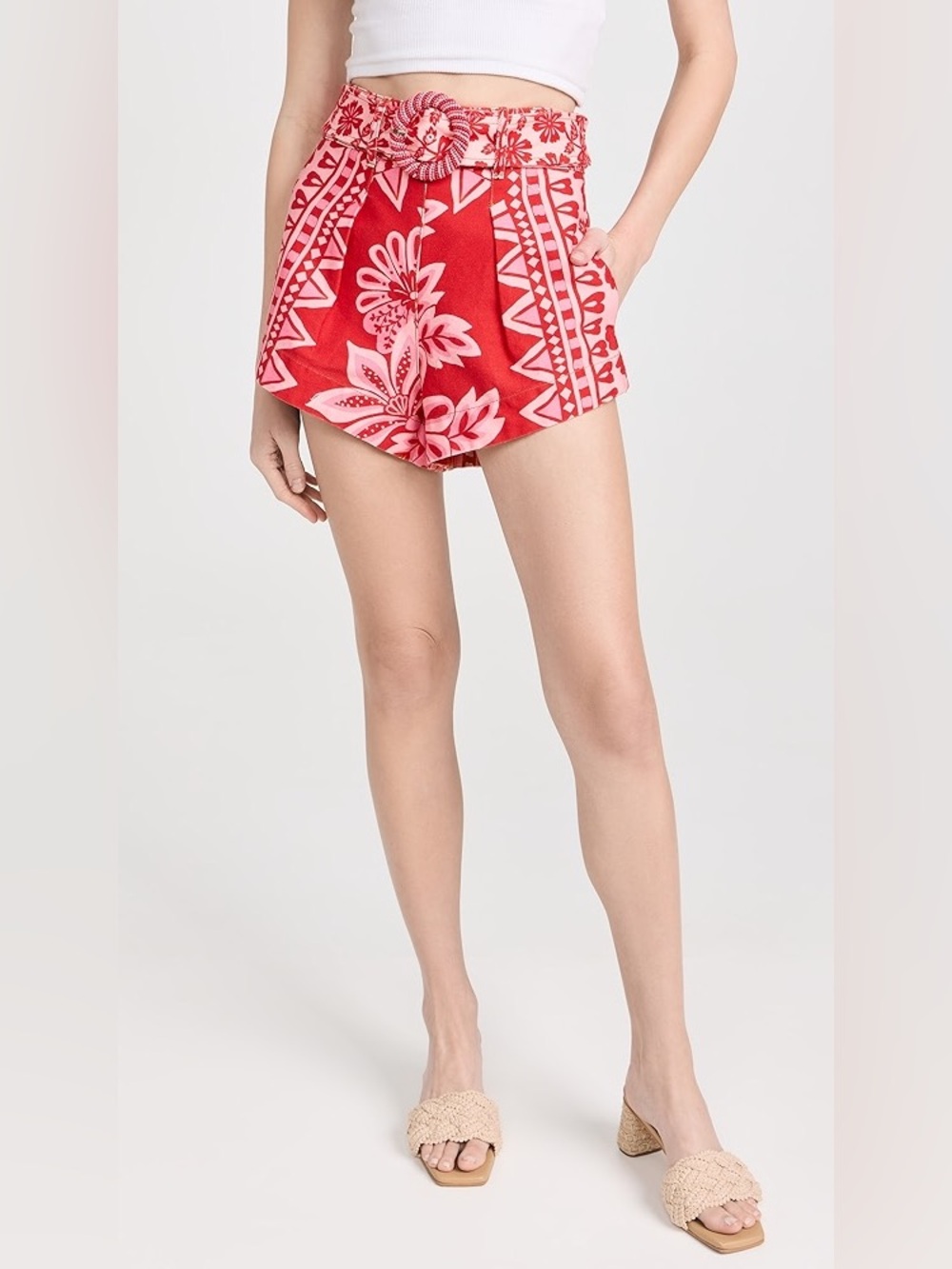 Farm Rio Flora Tapestry Belted Shorts - Red Floral, Size 29